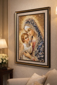 Tablou Maica Domnului cu Pruncul Iisus Hristos cu Pietricele si Sclipici 62x42cm