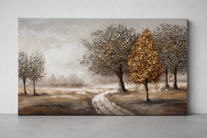 Tablou decorativ panoramic cu peisaj de toamnă, copaci aurii și drum rural
