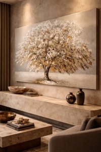 Pictura pe panza cu arbore inflorit stilizat, tonuri deschise si design modern