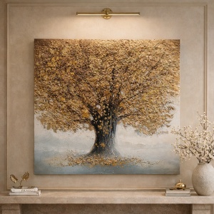 Pictura decorativa cu arbore auriu si fundal albastru deschis