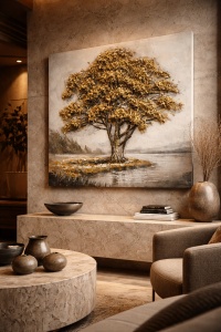 Tablou canvas cu copac auriu langa apa, peisaj elegant in nuante neutre pentru living