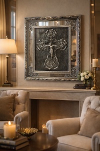 tablou religios cu cruce argintie în relief, în ramă decorativă cu detalii metalice și margini oglindite