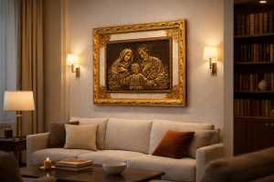 Tablou Sfânta Familie cu ramă ornamentată auriu și contur din oglindă, decor religios pentru interior