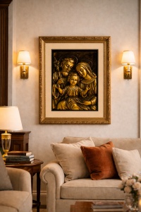 Tablou Sfânta Familie în relief auriu, cu ramă decorativă aurie, decor religios pentru perete