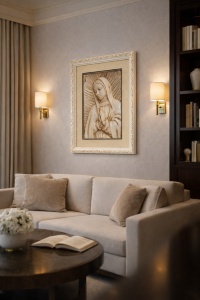 tablou religios cu Sfânta Maria în relief crem, încadrat într-o ramă albă decorativă cu accente crem
