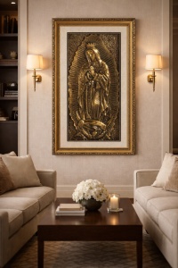 Tablou Sfânta Maria cu coroană, în relief auriu și ramă decorativă, iconografie religioasă pentru perete
