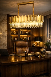 Candelabru auriu rectangular modern cu cristale, design suspendat pentru dining sau living.