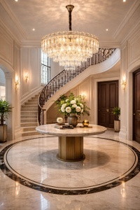 Candelabru elegant cu cristale transparente dispuse în trepte și structură metalică cromată