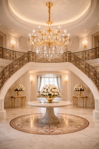 Candelabru luxos auriu cu brațe sculptate și cristale decorative, perfect pentru a oferi eleganță și rafinament oricărui interior