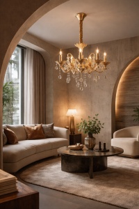 Candelabru clasic auriu cu cristale ornamentale, ideal pentru un iluminat elegant și o atmosferă sofisticată în living