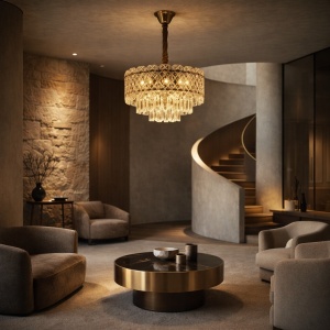 Candelabru luxos cu cristale transparente și finisaj auriu, ideal pentru living, dining sau spații elegante