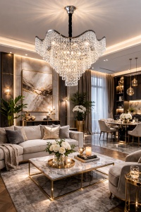 Candelabru luxos cu cristale în cascadă, perfect pentru living sau dining, aducând eleganță și lumină spectaculoasă