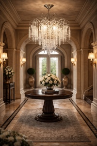 Candelabru elegant cu cristale în cascadă și finisaj cromat, perfect pentru interioare rafinate
