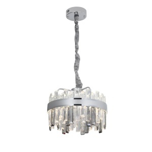 Candelabru modern rotund cu cristale transparente și finisaj cromat, suspendat pe cablu îmbrăcat textil