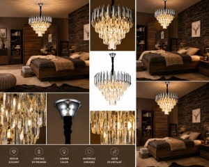 Candelabru Modern Cristale și Finisaj Argintiu - "Faveron" - Img 2