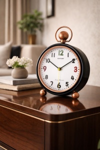 Ceas decorativ de masă cu stil minimalist și finisaj metalic