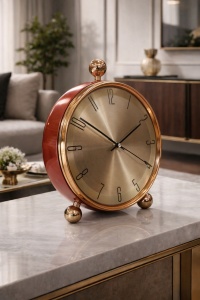 Ceas de masă roșu cu finisaj auriu și design modern elegant