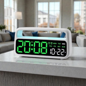 Ceas digital cu afișaj LED verde, oră și dată, iluminare ambientală superioară cu culori schimbabile, design modern pentru interior