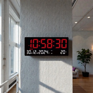 Ceas digital de birou cu afișaj LED mare, culoare rosu, oră, dată și temperatură, design modern pentru interior