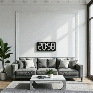 Ceas digital cu afișaj LED alb, ziua săptămânii și funcție alarmă, pentru perete sau masă, design modern.