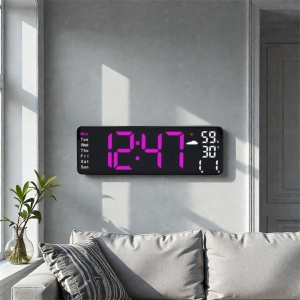 Ceas digital de birou cu afișaj LED mare, culoare mov, oră, dată și temperatură,umiditate design modern pentru interior