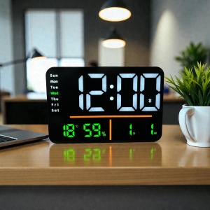 Ceas digital cu afișaj LED alb, Bluetooth, temperatură, umiditate și ziua săptămânii, design modern pentru interior
