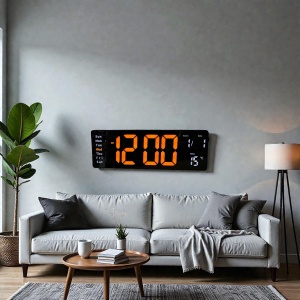 Ceas digital cu afișaj LED portocaliu și colțuri rotunjite, dată, temperatură și ziua săptămânii, design modern pentru interior.
