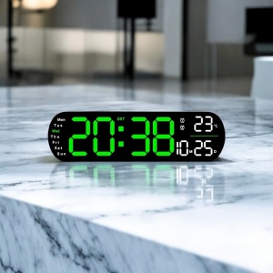 Ceas digital cu afișaj LED verde, lumină reglabilă în partea inferioară, telecomandă, temperatură și dată, pentru perete sau masă