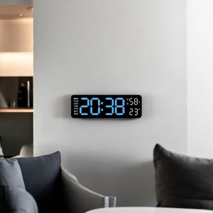 Ceas digital cu afișaj LED albastru, umiditate, temperatură și ziua săptămânii, pentru masă sau perete, design modern
