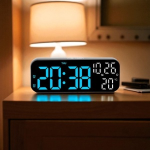 Ceas digital electronic cu afișaj LED albastru, funcții dată, ziua săptămânii și temperatură, ideal pentru birou