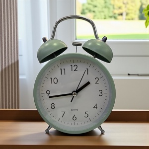 ceas de masă verde cu dublu clopot metalic, design retro elegant, cifre negre mari și alarma, ideal pentru dormitor sau birou