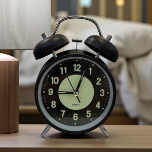 ceas masa negru cu clopotel si fosfor , cu alarma , pentru dormitor , birou