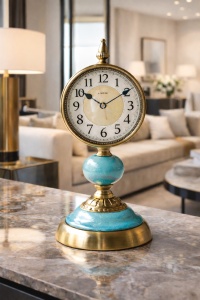 Ceas de masă decorativ vintage cu bază albastră și suport auriu