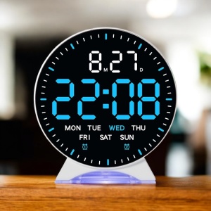 Ceas digital rotund cu afișaj LED albastru, dată, ziua săptămânii și funcție alarmă, design modern pentru interior