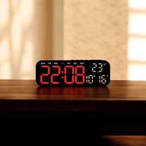 Ceas digital cu afișaj LED rosu, temperatură, dată, ziua săptămânii și funcție alarmă, design modern pentru interior