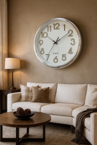 ceas de perete rotund cu rama argintie lucioasă, cifre fosforescente reliefate , design elegant potrivit pentru living, birou sau dormitor