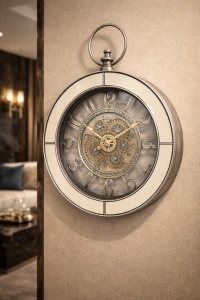 ceas de perete cu mecanism rotativ vizibil și ramă oglindită, design vintage elegant