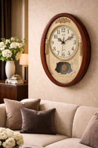Ceas de perete oval vintage cu pendul decorativ, design clasic cu cadran mare și detalii elegante pentru decor interior