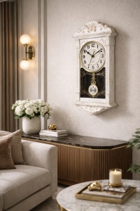 Ceas vintage cu ramă albă antichizată și pendul ornamental