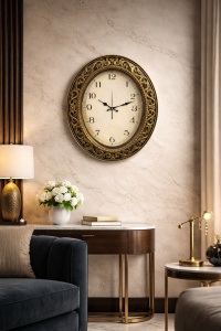 Ceas de perete oval cu design ornamental, cifre clasice și ramă decorativă elegantă