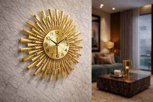 Ceas de perete decorativ auriu tip soare, cu raze geometrice și cristale ornamentale