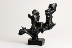Sculptură decorativă cu două chipuri stilizate, figurină artistică simbolizând dialogul și emoția