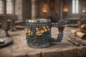 Cana decorativa steampunk cu pergamente, lant si detalii mecanice fantasy