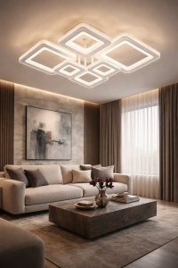 Lustră LED modernă cu mai multe rame pătrate suprapuse, cu lumină caldă difuză și design geometric elegant