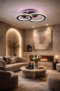 Lustră LED modernă cu două cercuri luminoase și cristale acrilice, ideală pentru un iluminat elegant și decorativ în orice cameră