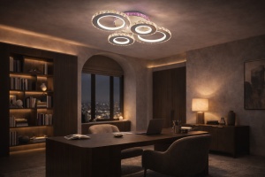 Lustră LED modernă cu inele luminoase și efect RGB, perfectă pentru un decor spectaculos și elegant
