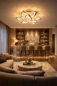 Lustră LED modernă în formă de floare, perfectă pentru living datorită designului decorativ și luminii calde uniforme