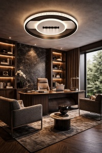 Lustră LED modernă rotundă cu ramă iluminată și design central minimalist
