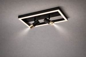 Plafonieră modernă cu ramă pătrată LED și două spoturi orientabile, în finisaj negru cu accente metalice