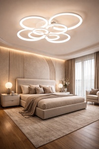Lustră LED modernă cu cercuri suprapuse și lumină caldă, având un design fluid și elegant